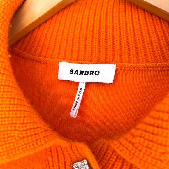 Sandro Menton Knit Wool Cashmere Orange Polo Sweater Jumper Rhinestone Small - Picture 4 of 10